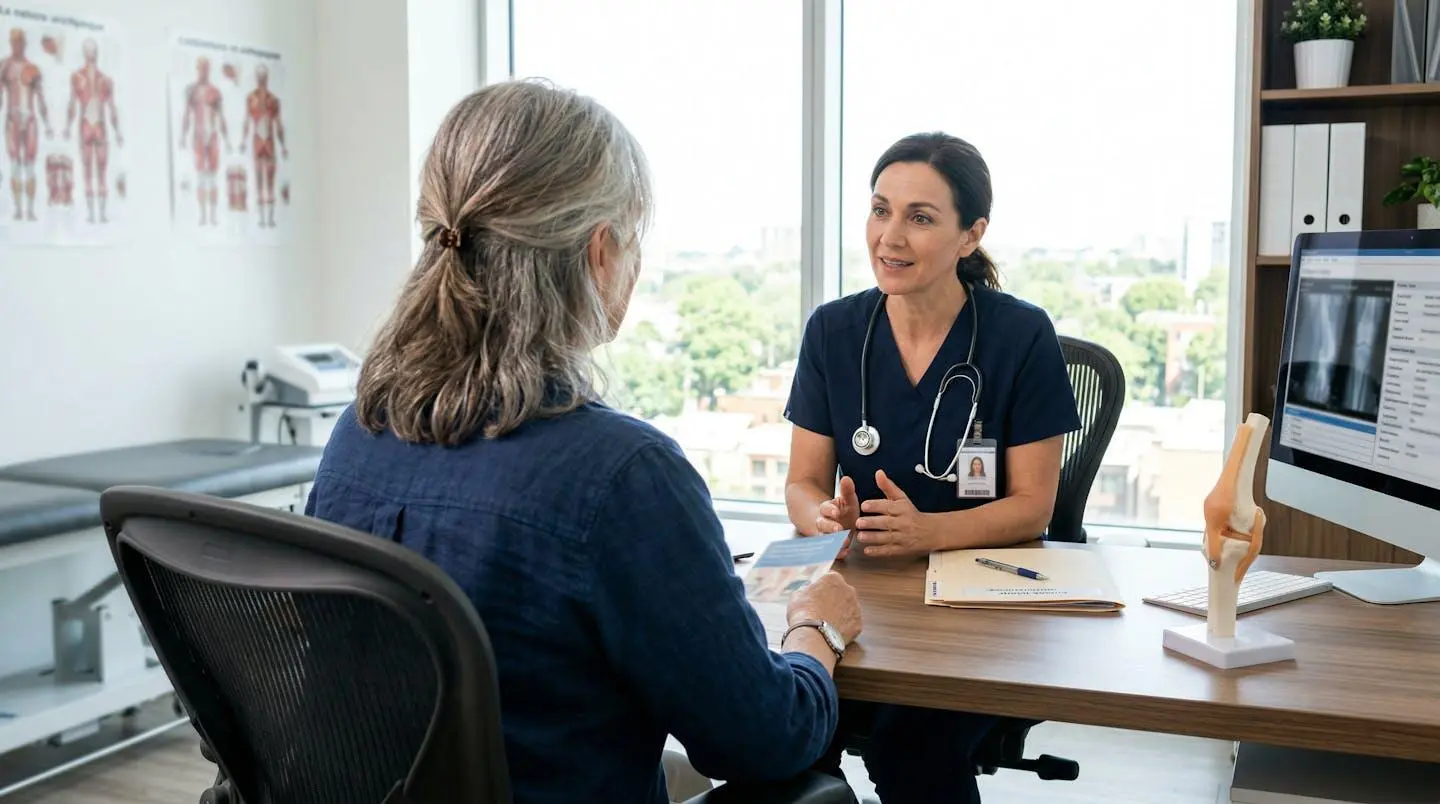 Patient senior vu de dos pendant une consultation médicale, échangeant avec un praticien dans un cabinet moderne