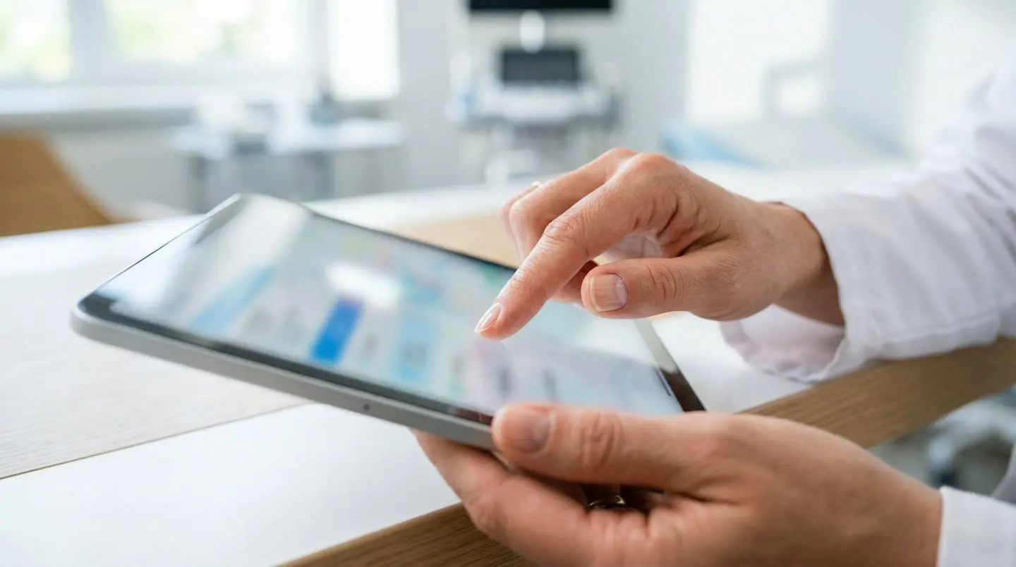 Gros plan sur des mains tenant une tablette avec interface médicale complètement floutée, lumière naturelle latérale